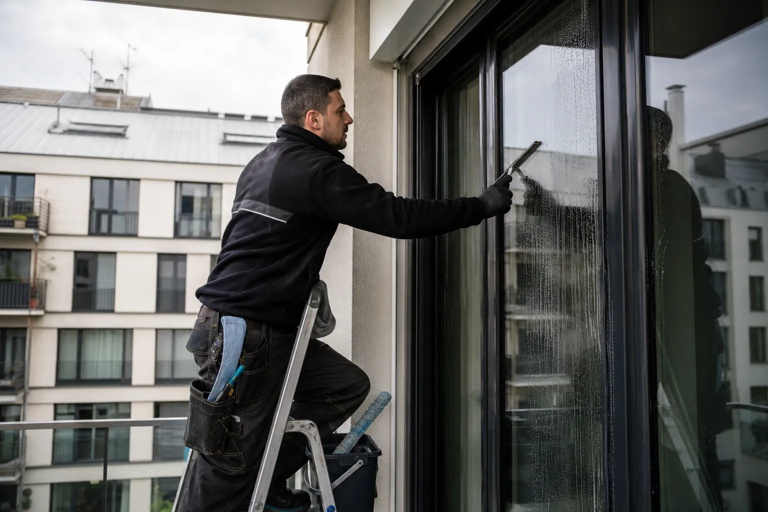 Leiterarbeiten – Wohnungsfenster außen Wien Fensterputzer auf Leiter reinigt Balkonfenster und Rahmen an einer Wohnanlage in Wien